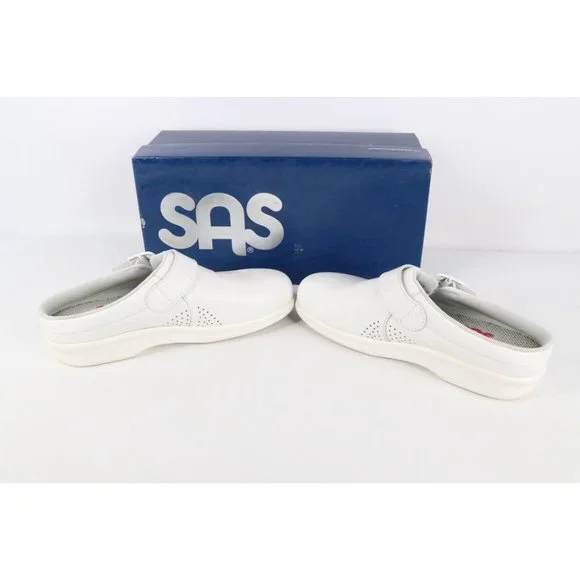 New SAS San Antonio Shoemakers Womens 7 M Leather Buckle Clogs Shoes White USA